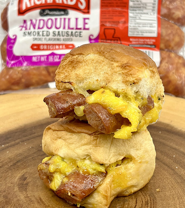 Cheesy Egg & Andouille Sausage Sliders